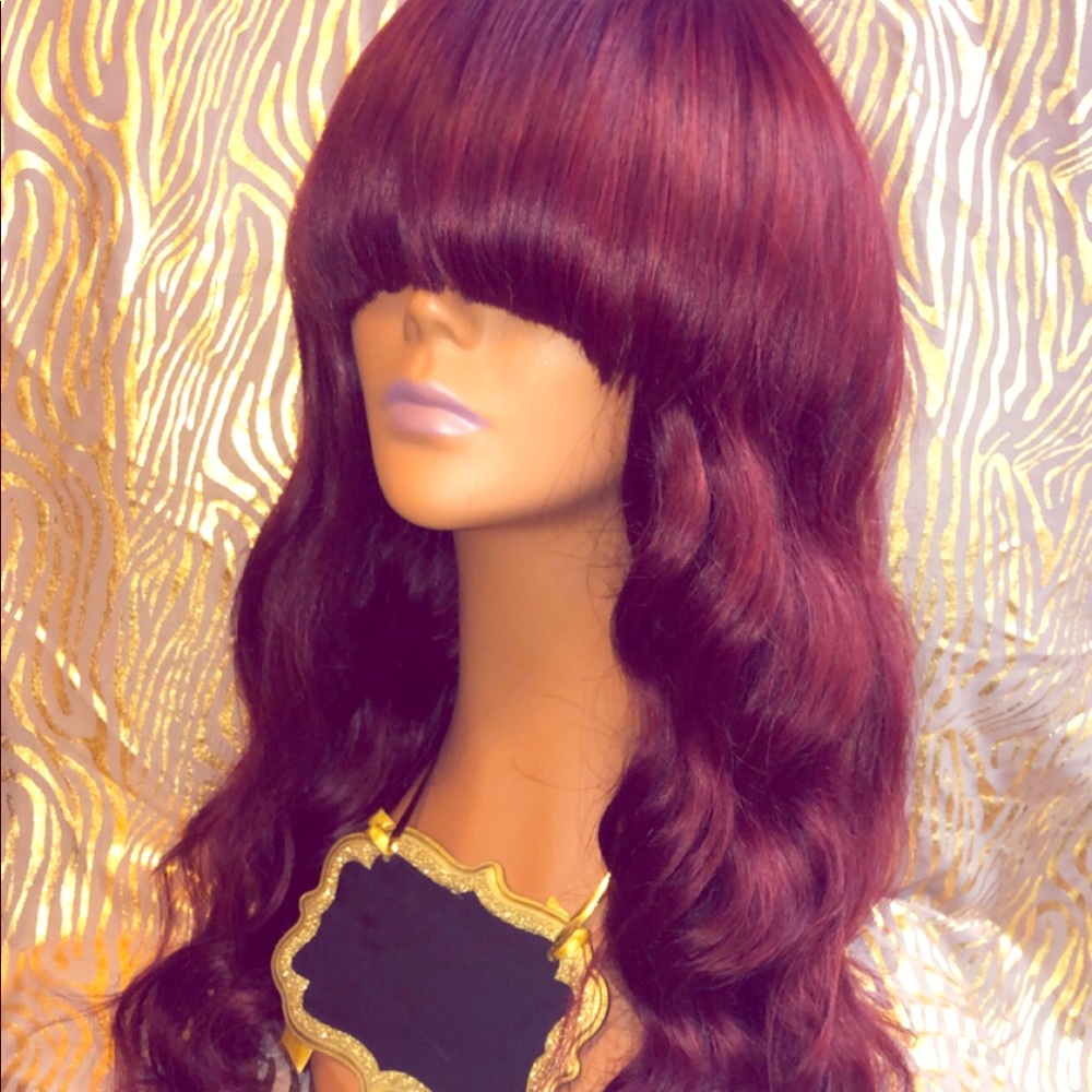 Burgundy long human hair unit with bang